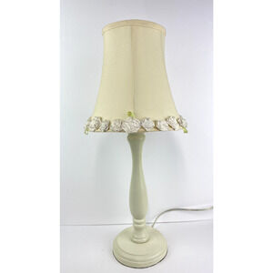 White Candlestick Table Lamp with Lined Fabric Shade Rosette Accents